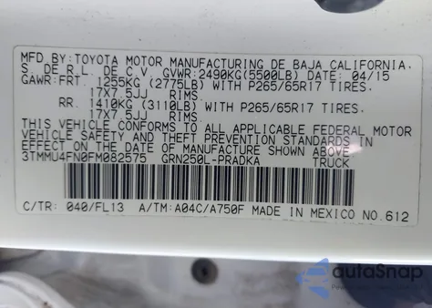 2015 Toyota Tacoma Base V6 z USA, uszkodzony, nr VIN 3TMMU4FN0FM082575